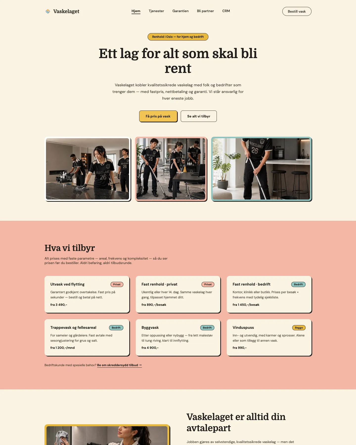 Vaskelaget – nettsiden på desktop